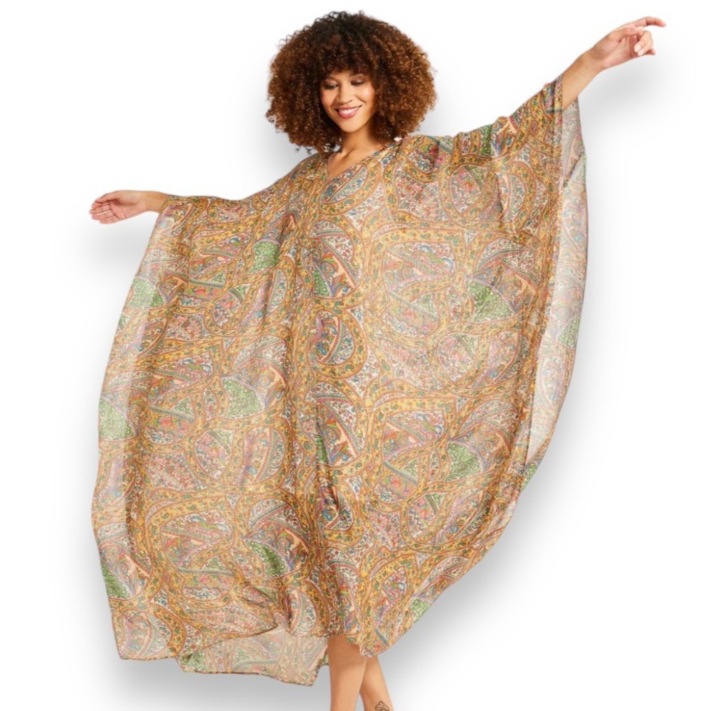 Mille Resort & Travel Jones Caftan Kaftan Mumu Paisley Shimmer Sheer - Picture 5 of 10